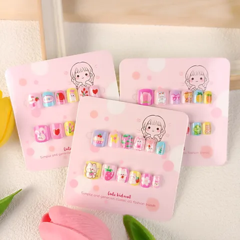 Kinder Aufpressbare Nägel Süße Cartoon Kaninchen Dopamin Serie Falsche Nägel Mit Gel-Kleber Falsche Nagelkunst Tipps Mädchen Maniküre