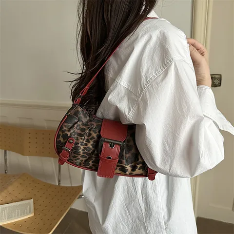Dames Mode Luipaardprint PU Leer Okseltas Retro Maan Schoudertas Trendy Woon-Werk Handtas