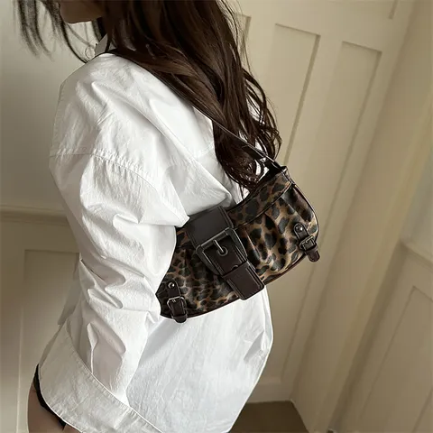 Dames Mode Luipaardprint PU Leer Okseltas Retro Maan Schoudertas Trendy Woon-Werk Handtas