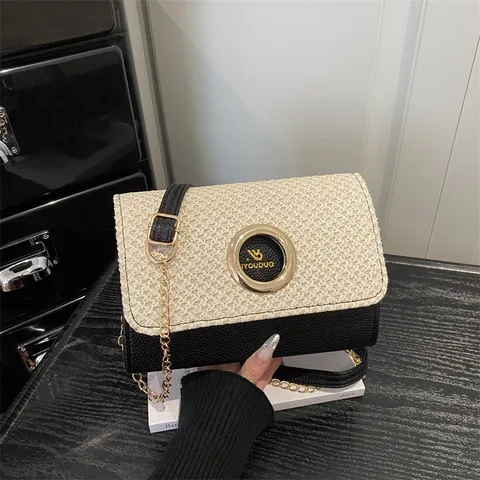 Sac Bandouliere Mode Femme Paille Tisse Cuir Synthetique Decontracte Chic Quotidien Avec Chaine Metal