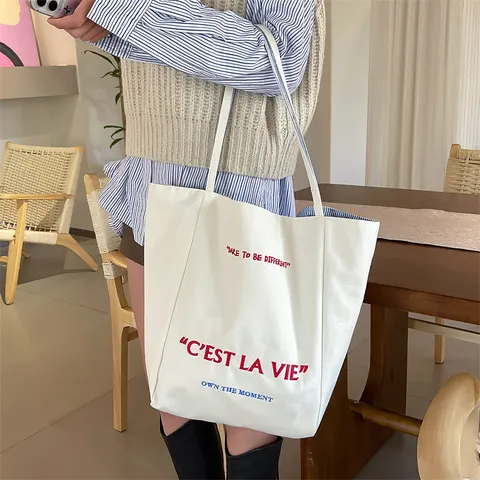 Borsa Tote in Tela da Donna Grande Capacità Borsa a Tracolla Casual Lettera Ricamata Borsa a Mano Doppia Faccia