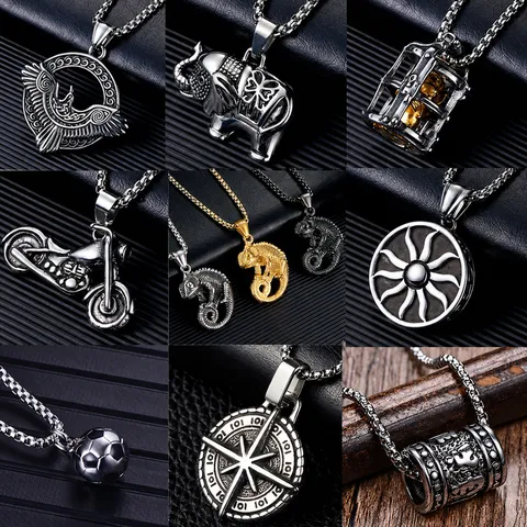 Vintage Viking Odin Raven Stainless Steel Pendant Necklace Retro Elephant Motorcycle Skeleton Pendant Jewelry Gift For Men