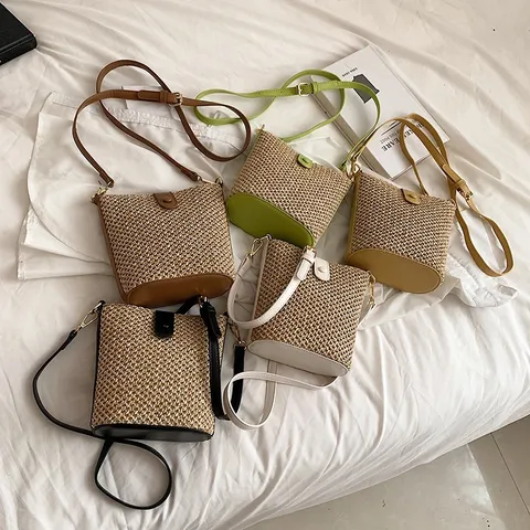 Womens Straw Bucket Bag Summer Casual Woven Crossbody Bag PU Leather Patchwork Handbag Fashion Travel Shoulder Bag