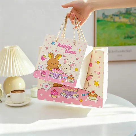 Linda Bolsa de Regalo de Papel de Conejo Estilo Ins Rosa con Lunares Fiesta de Cumpleaños Boda Bolsa de Favor con Asas para Amigos Niños Embalaje
