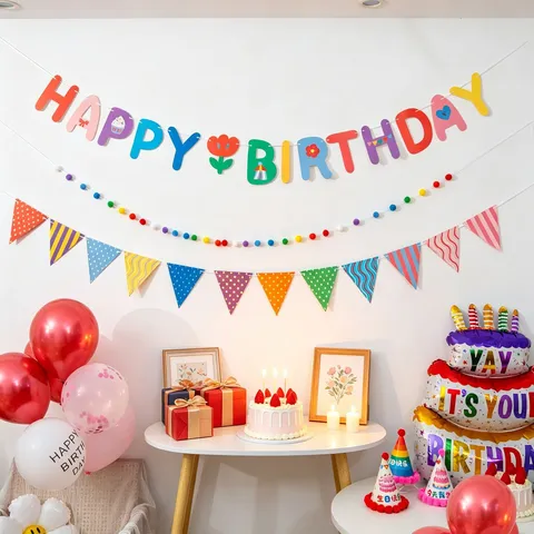 Happy Birthday Banner Mehrfarbig Papier Wimpelkette Mit Bommeln Für Geburtstag Party Dekoration Fotografie Hintergrund Requisite