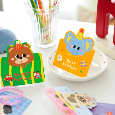 Cartoon Animal Folded Greeting Card For Birthday Holiday Blessing Cute Small Message Cards Stationery Printed Cardboard