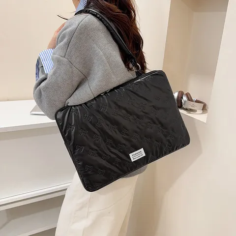 Women Bow Quilted Tote Bag Large Capacity Laptop Sleeve Handbag Faux Leather Shoulder Bag For Student Office Daily Wear