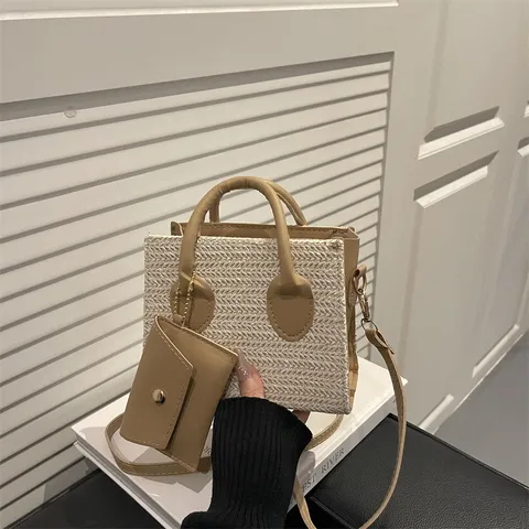 Woven Straw Handbag For Women Small Square Crossbody Bag With Detachable Mini Pouch Splicing Color Block Tote Street Style Bag