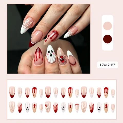 Halloween Press On Nails Long Almond False Nails With 3D Ghost Spider Blood Splatter Design Artificial Rhinestone Nail Art For Party Women