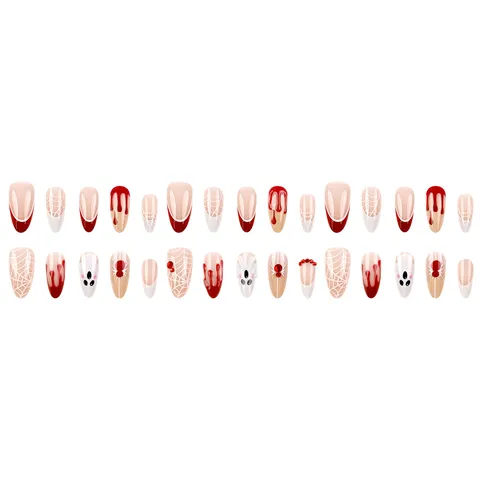 Halloween Press On Nails Long Almond False Nails With 3D Ghost Spider Blood Splatter Design Artificial Rhinestone Nail Art For Party Women