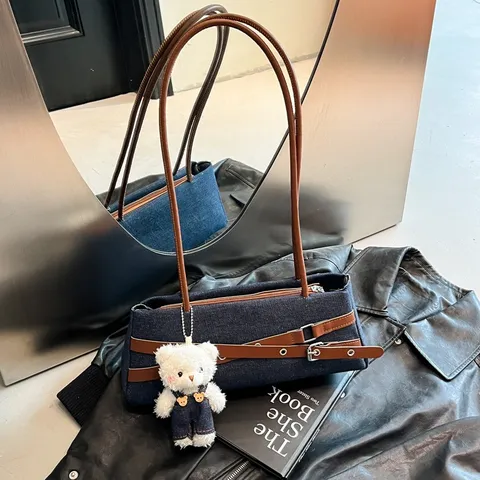 Süße Mädchenhafte Denim Unterarmtasche Colorblock Gürtel Dekoration Schultertasche Schicke Vielseitige Tägliche Tasche Für Damen