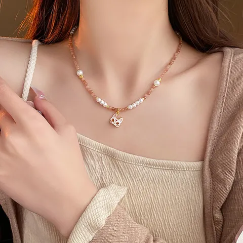 Nouveau Style Chinois Renard Masque Gourde Sac de Fortune Nœud Collier en Perle Artificielle Fait à la Main Perle en Verre Chaîne de Clavicule Bijoux pour Femmes