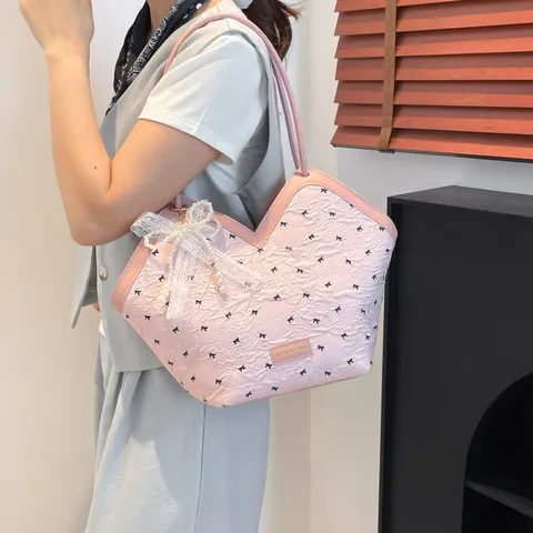 Mujer Moda PU Cuero Tote Bag Gran Capacidad Casual Lazo Bandolera Bolso De Commuting Con Perla Encaje Colgante