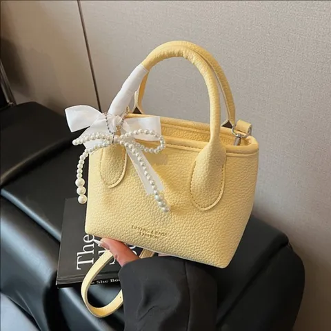 Damen Mode Einfarbig PU Leder Beuteltasche Minimalistische Pendler Handtasche Elegante Perlen Schleife Umhängetasche