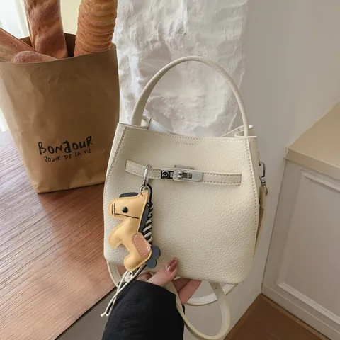 Damen PU Leder Eimer Tasche Retro Litchi Muster Handtasche Klassischer Verschluss Casual Tägliche Schulter Umhängetasche