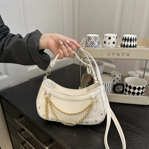 Minimalist PU Leather Crocodile Pattern Hobo Bag For Women Chic Chain Rivet Underarm Shoulder Bag Fashion Handbag