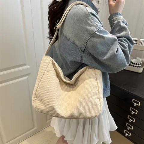 Damen Casual Kord Umhängetasche Große Kapazität Tote Bag Retro Gestreifte Tägliche Pendler Hobo Bag Handtasche