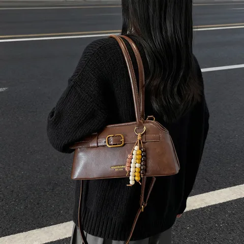 Damen Retro Leopardenmuster PU Leder Umhängetasche Lässige Pendler Unterarm Handtasche Mit Schlossverschluss Und Perlenanhänger