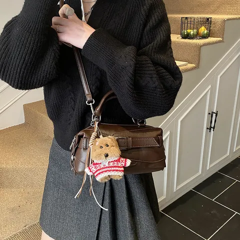 Women Synthetic Leather Boston Shoulder Bag Top Handle Crossbody Handbag With Cute Bear Pendant Fashion Chic Purse