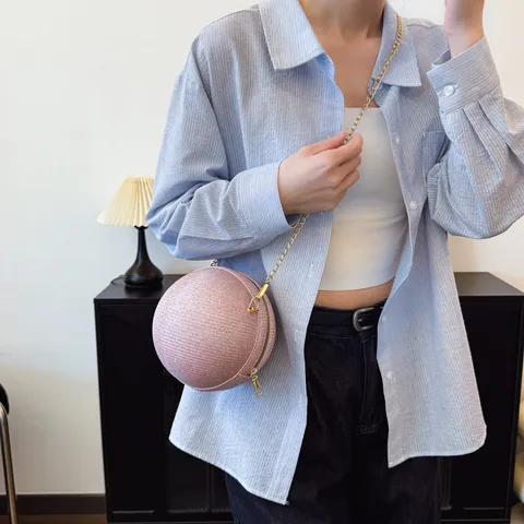 Women's Fashion Spherical Crossbody Bag Round Chain Shoulder Bag Glitter PU Leather Evening Handbag