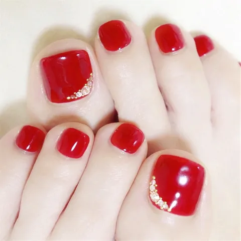 Plak Teennagels Korte Vierkante Ronde Bordeaux Nep Teennagels Strass Versierd Vrouwen Voetkunst
