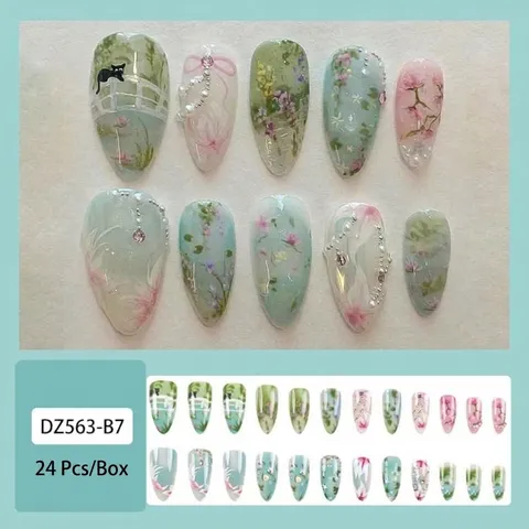 Mint Green Press On Nails Hand Painted Floral Cat Pearl Rhinestone Almond False Nails Jelly Gel Fake Nail Art