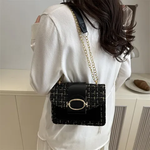 Γυναικείο Fashion Tweed Patchwork Shoulder Crossbody Bag Κομψό Χρυσό Alυσίδα Design Small Square Handbag