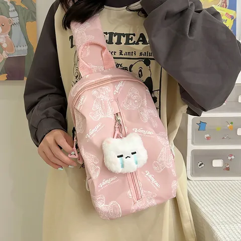 Casual Nylon Shoulder Bag Cute Teddy Bear Print Crossbody Chest Bag Student Fashion Sling Bag For Women