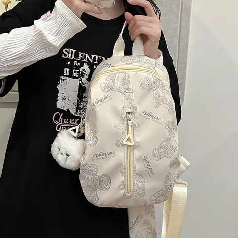 Casual Nylon Shoulder Bag Cute Teddy Bear Print Crossbody Chest Bag Student Fashion Sling Bag For Women