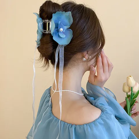 Blue Peony Butterfly Orchid Floral Hair Claw Clip With Artificial Pearl Large Fabric Flower Shark Clip Vacation Style Hair Accessories For Women