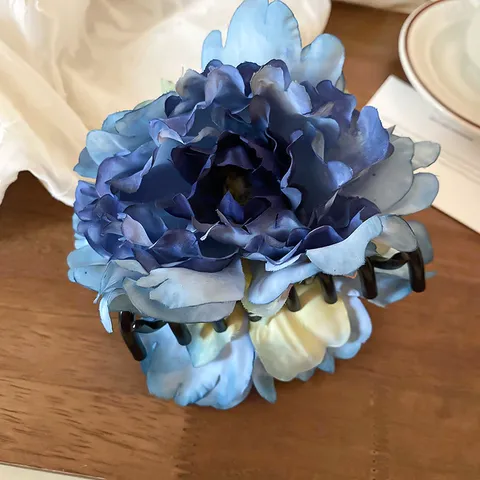 Blue Peony Butterfly Orchid Floral Hair Claw Clip With Artificial Pearl Large Fabric Flower Shark Clip Vacation Style Hair Accessories For Women