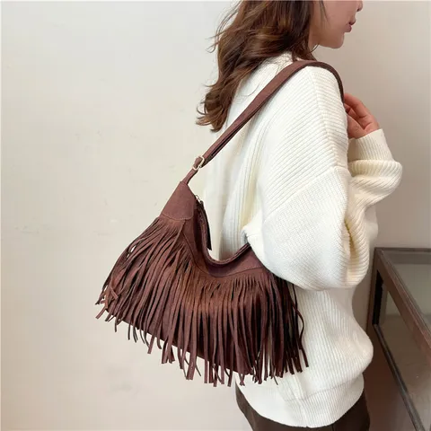 Vintage Suede Fringed Shoulder Bag for Women Bohemian Tassel Crossbody Bag Fashion Solid Color Ethnic Style Handbag