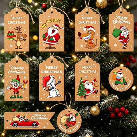 Etiquetas de Regalo de Navidad de Papel Kraft Con Cuerdas de Cáñamo Para Envolver Regalos Papá Noel Reno Muñeco de Nieve Decoración de Árbol