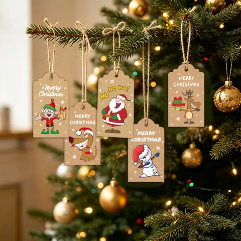 Etiquetas de Regalo de Navidad de Papel Kraft Con Cuerdas de Cáñamo Para Envolver Regalos Papá Noel Reno Muñeco de Nieve Decoración de Árbol