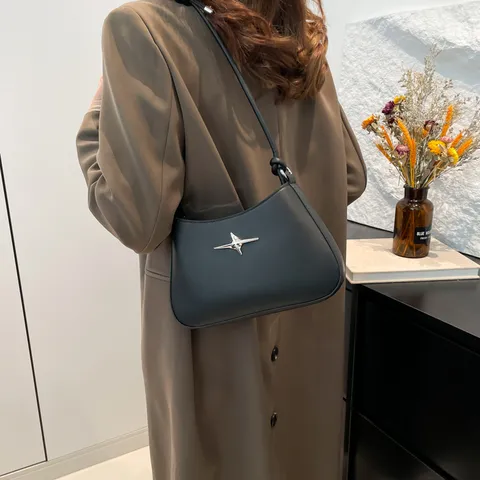 Bolso de Axila de Cuero PU de Moda para Mujer Bolso de Hombro con Decoración de Estrella Bolso de Mano Casual Color Sólido