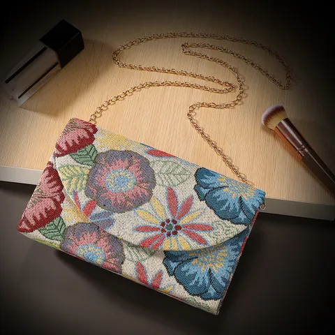 Retro Jacquard Bloemen Avondtas Dames Elegante Ketting Schoudertas Vintage Geweven Clutch Handtas