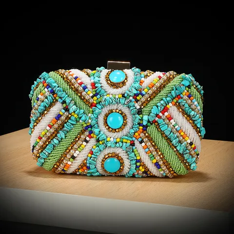 Etnische Stijl Kralen Avondtas Rhinestone Box Clutch Meerkleurige Handtas Kralenborduurwerk Feest Handtas