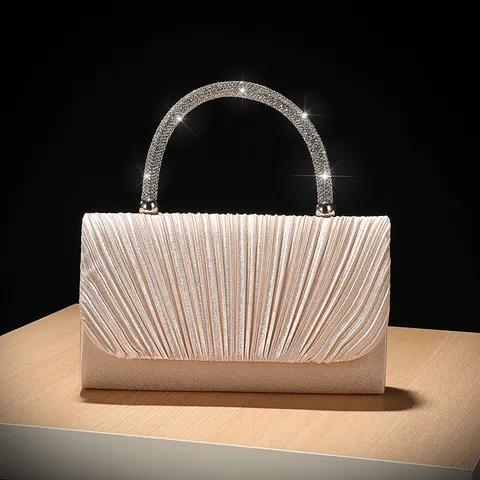 Dames Geplooide Avondtas Elegante Strass Handvat Clutch Tas Mode Satin Banquet Handtas Voor Bruiloft Feest