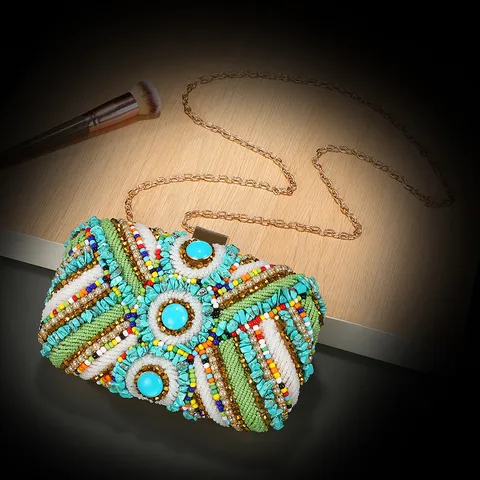 Etnische Stijl Kralen Avondtas Rhinestone Box Clutch Meerkleurige Handtas Kralenborduurwerk Feest Handtas