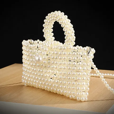 Franse Mode Kunstmatige Parel Kralen Handtas Voor Dames Elegante Ronde Handvat Avond Schoudertas