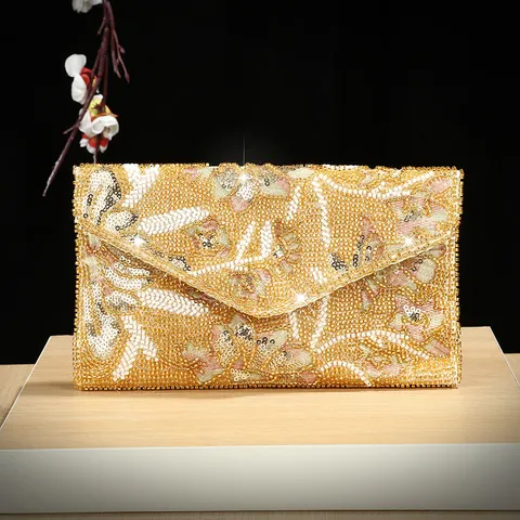 Vrouwen Strass Kralen Avondtas Elegante Envelop Clutch Banket Handtas Metalen Ketting Crossbody Trouwportemonnee