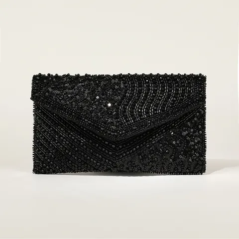 Dames Strass Kralen Avondtas Mode Pailletten Clutch Elegante Feest Banket Handtas Met Kettingriem Zwart