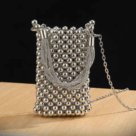 Dames Mode Kraal Avondtas Luxe Parel Ketting Crossbody Schouder Telefoon Tas Elegante Feest Handtas Zilver Wit