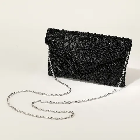 Dames Strass Kralen Avondtas Mode Pailletten Clutch Elegante Feest Banket Handtas Met Kettingriem Zwart