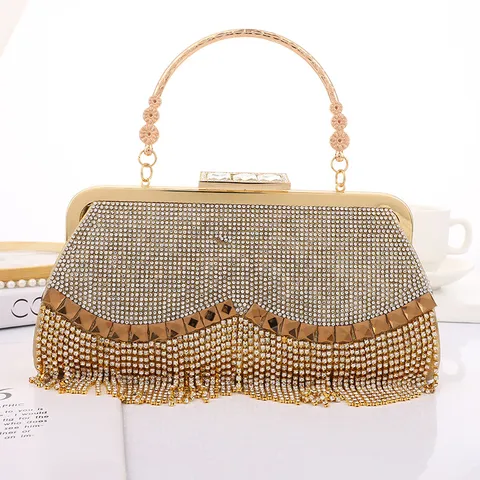 Dames Luxe Kwastje Avondtas Strass Metalen Clutch Tas Banket Jurk Handtas Goud Kleur