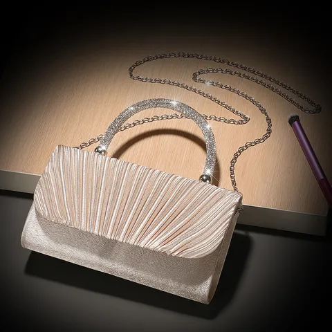 Dames Geplooide Avondtas Elegante Strass Handvat Clutch Tas Mode Satin Banquet Handtas Voor Bruiloft Feest