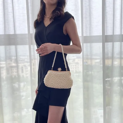 Dames Parel Kraal Avondtas Elegante Handtas Voor Bruiloft Banket Clutch Portemonnee Met Gouden Metalen Ketting Frame