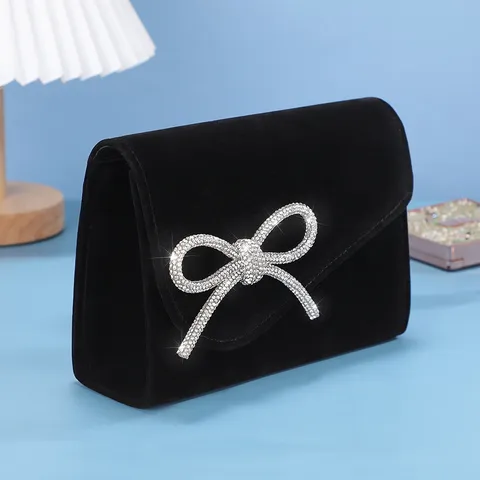 Zwarte Fluwelen Avondtas Voor Dames Elegante Strik Strass Handtas Chique Clutch Schoudertas