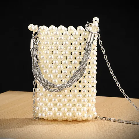 Dames Mode Kraal Avondtas Luxe Parel Ketting Crossbody Schouder Telefoon Tas Elegante Feest Handtas Zilver Wit
