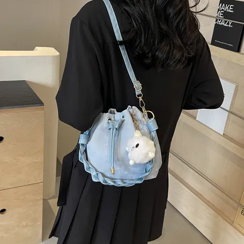 Bolso Balde de Cuero PU para Mujer Bolso Bandolera con Cordón de Tendencia Con Asa Trenzada